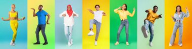 Group Of Cheerful Multicultural Young People Posing Over Colorful Backgrounds, Diverse Happy Multiethnic Men And Women Having Fun In Studio, Dancing, Exercising And Listening Music, Collage, Panorama