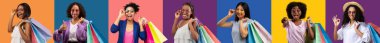Glad shocked different young women with many packages with purchases showing finger at camera, making ok sign and thumb up, enjoy shopping isolated on colorful background, studio. Sale recommendation