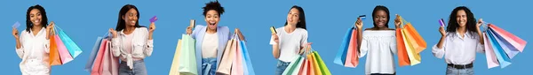 Zufrieden Überrascht Aufgeregte Millennial Frauen Mit Vielen Paketen Mit Einkäufen — Stockfoto