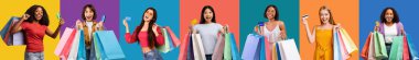 Cheerful excited diverse young ladies shopaholics hold many packages with purchases, credit cards, enjoy shopping isolated on colorful background, studio, panorama. Emotions from sale, ad and offer