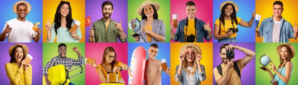 Mosaic of positive photos of happy cheerful young people have vacation, posing on colorful studio backgrounds, collage for travelling, tourism, holidays, recreation concept, web-banner