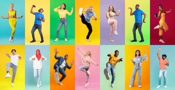 Set of positive multiethnic men and women posing on colorful studio backgrounds, happy multicultural people having fun and expressing positive emotions, full length photos, panorama, collage
