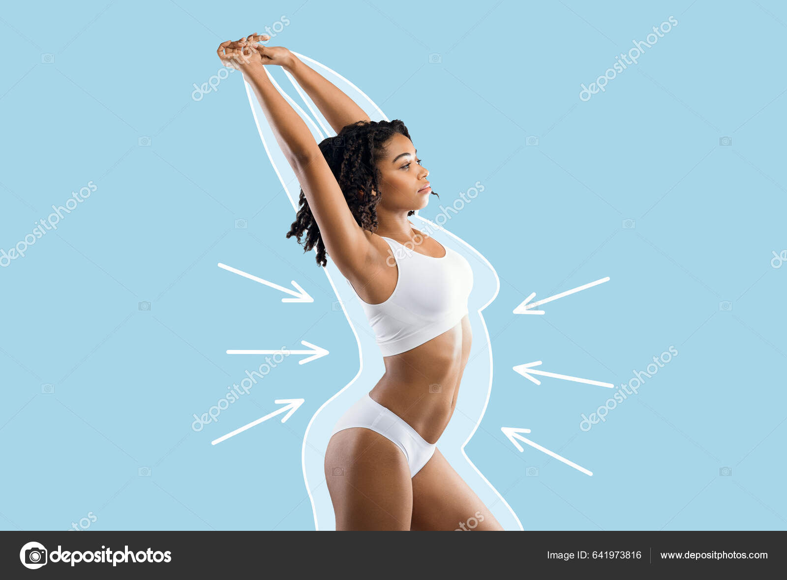 Serious Young Slim Black Lady White Lingerie Enjoys Weight Loss Stock Photo  by ©Milkos 641973816