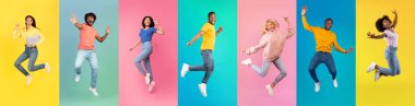 Joy Of Youth. Collage With Happy Young People Jumping Over Colorful Backgrounds, Diverse Carefree Millennial Men And Women Having Fun And Laughing While Posing On Bright Backdrops, Panorama