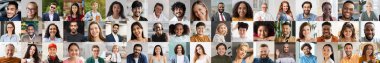 International group of people cheerful attractive men and women, children different ages in casual and formal outfits posing on various backgrounds, web-banner for global community concept, collage