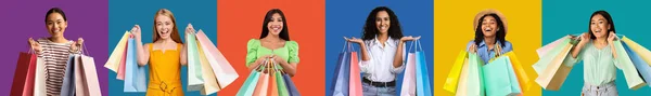 Sale, ad and offer. Satisfied excited diverse young ladies customers with many bags of purchases enjoy shopping, isolated on multicolored background, studio, panorama. Shopaholic emotions, discount