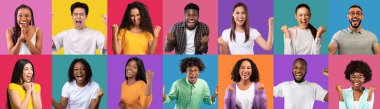 Set of cool multiracial millennials celebrating success on colorful studio backgrounds, happy young men and women raising hands up, enjoying win, collection of photos, collage, web-banner