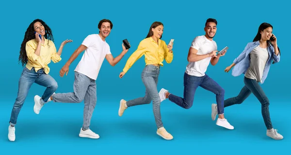 Diverse Happy People Running With Smartphones In Hands Over Blue Background, Cheerful Multiethnic Men And Women Using Mobile Phones In Motion, Talking Or Messaging On Cellphones, Collage