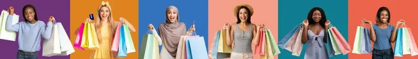 Shopaholic and sale. Glad surprised excited international young women with many bags of purchases enjoy shopping with credit card on multicolored background, studio, panorama. Fashion, ad and offer