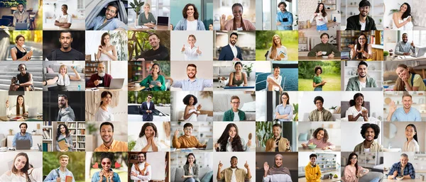 Colagem Pessoas Multirraciais Felizes Avatares Vários Fundos Homens Mulheres Atraentes — Fotografia de Stock