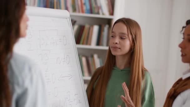 Ekstra Dersler Öğretmen Açıklamasını Dinleyen Matematik Formülleriyle Beyaz Tahtada Duran — Stok video