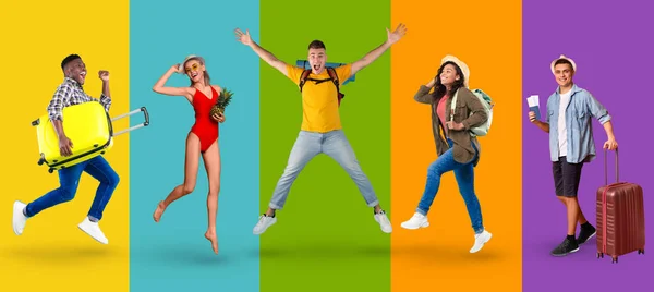 Set of happy multiracial people travelling around the world, cheerful young men and women jumping in the air with tickets, luggage, camera, map, backpack on colorful studio backgrounds, collage