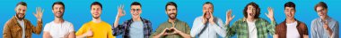 Mosaic of cheerful attractie men different ages in casual outwear grimacing and gesturing on blue studio background, showing emotions, collection of photos, web-banner, collage