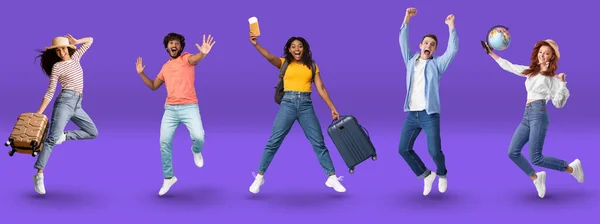 Multicultural millennials going vacation, collage for travelling, tourism concept. Happy cheerful emotional young men and woman posing with tickets, luggages, jump over purple background, web-banner