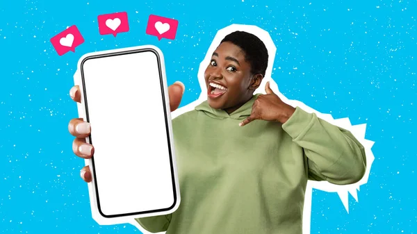 Cheerful Oversized African American Lady Holding Hand Like Cellphone Near Ear, Showing Phone With Blank Screen, Smiling To Camera Posing Over Blue Background. Mobile Communication Concept. Collage