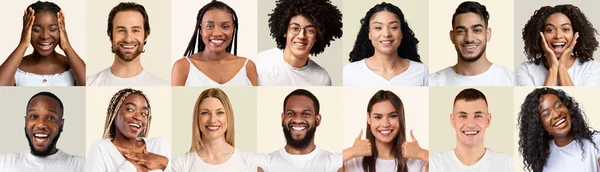 Pessoas Multiculturais Positivas Jovens Homens Mulheres Alegremente Sorrindo Gesticulando Para — Fotografia de Stock