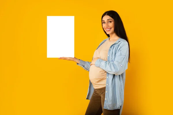 Happy Young Pregnant Woman Showing Blank Advertising Board Place Design — Photo