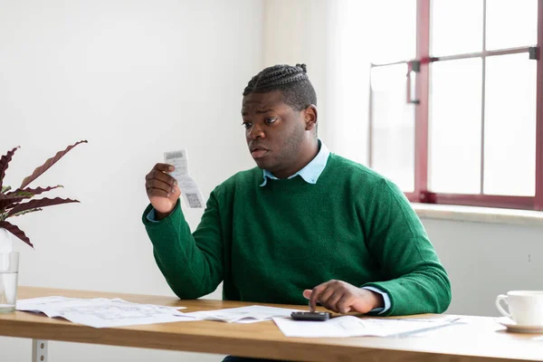 Financial Crisis Problems Unhappy Black Businessman Holding Bill Calculating Expenses — Stock Photo, Image