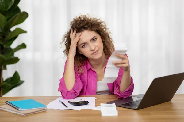 Stressed Young Female Checking Bills While Sitting Desk Home Office —  Fotos de Stock