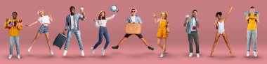 Happy multiracial millennials tourists having fun while travelling, web-banner. Cheerful young men and women gesturing, grimacing, jumping over pink studio background, enjoying vacation, collage