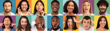 Mosaic Of Diverse Multiethnic People Portraits With Different Face Expressions Posing Over Colorful Backgrounds, Creative Collage With Multicultural Men And Women Expressing Excitement And Curiosity