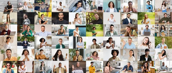 Mosaic Candid Photos Diverse Positive People Posing Indoors Outdoors Collage — Fotografia de Stock