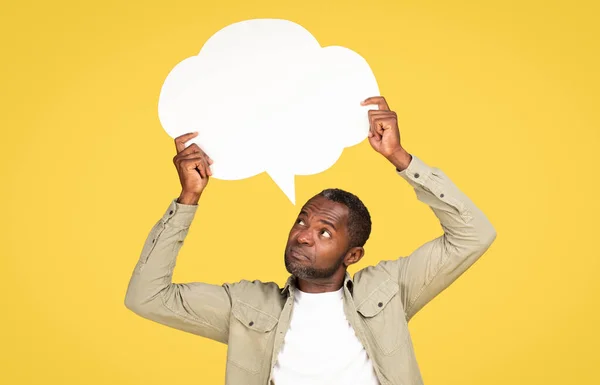 Pensive Mature Black Male Casual Hold Abstract Bubble Cloud Thoughts — Stock Photo, Image