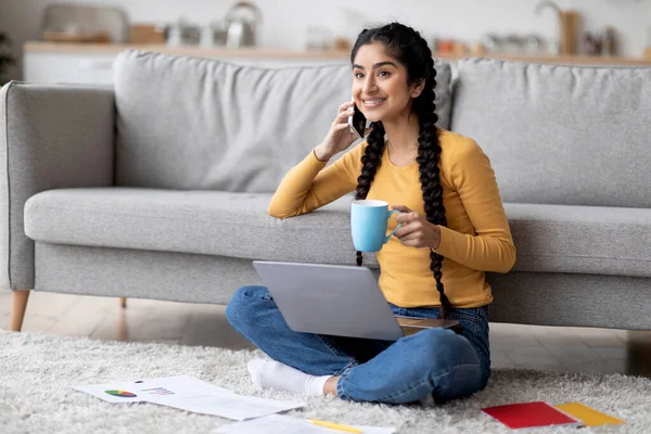 Remote Job Smiling Indian Woman Talking Cellphone Working Laptop Home — Photo