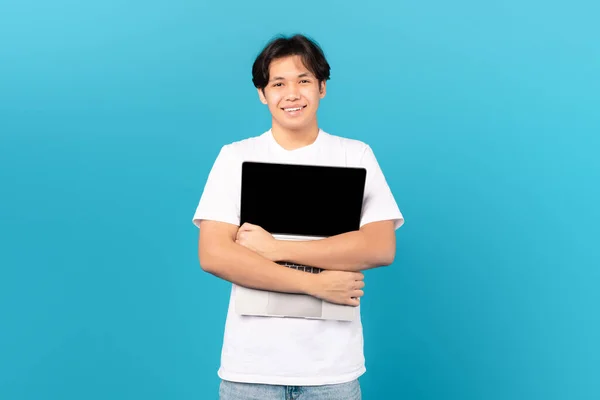 Asian Teen Guy Holding Hugging Laptop Blank Screen Advertising Website — 스톡 사진