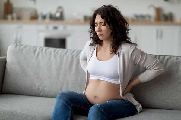 Portrait Young Pregnant Woman Suffering Lover Back Pain Home Expectant — Fotografia de Stock