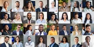 Set of portraits of successful international young male and female entrepreneurs cheerfully smiling at camera, posing outdoors and indoors, collage, panorama, business for millennials concept