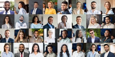 Set of portraits of successful multiethnic young business men and women cheerfully smiling at camera outdoors and indoors, collage, panorama, business opportunities for millennials concept