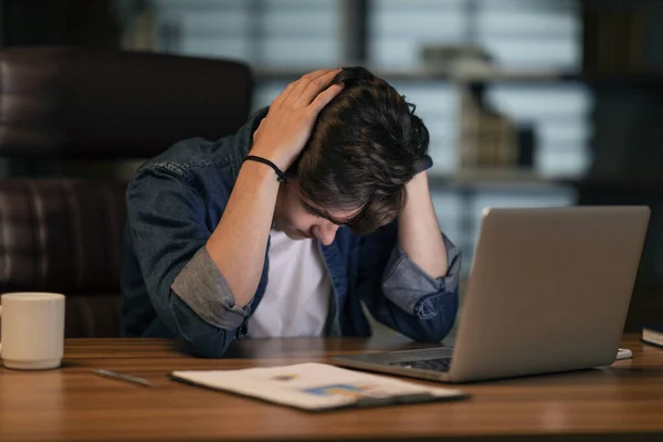 Burnout Work Overworking Concept Exhausted Young Man Sitting Workplace Front — Stock Photo, Image