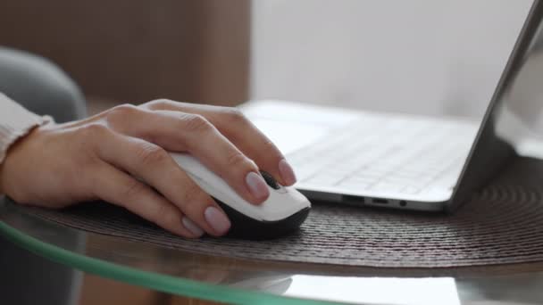 Online Research Concept Close Shot Female Hand Using Computer Mouse — Vídeos de Stock