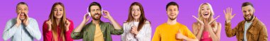 Collection of candid studio photos of caucasian men and women different ages, lifestyles and occupations posing on colorful background, grimacing and gesturing, collage