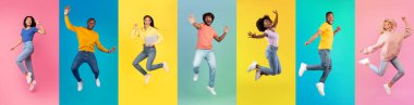 Set of positive multiethnic men and women jumping over colorful studio backgrounds, in motion shot of happy multicultural people having fun and expressing positive emotions, panorama, collage