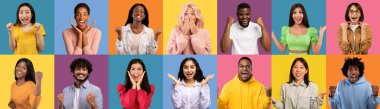 Emotional multiethnic millennials having fun on colorful studio backgrounds, happy beautiful young men and women smiling, grimacing, gesturing, collection of closeup photos, collage, panorama