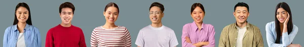Mosaic of cheerful chinese people attractive men and women different ages smiling on grey studio background, collection of photos, web-banner, collage for asian people concept