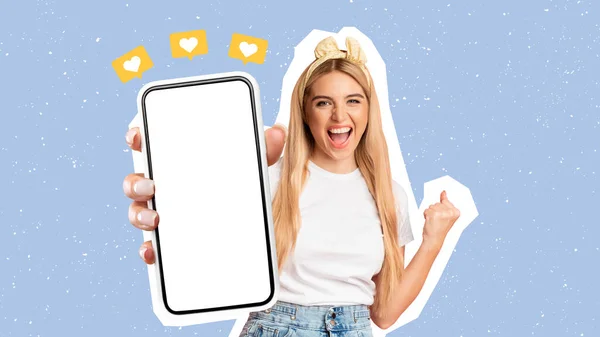 Dating Mobile App. Emotional Young Blonde Woman Gesturing And Showing Cellphone With White Empty Screen, Celebrating Success, Match The Guy, Colorful Background. Panorama, Studio Shot. Mockup, Collage