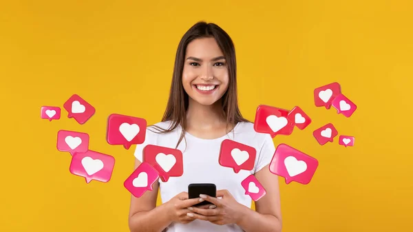 Happy Young Caucasian Woman Has Romantic Chat Hearts Phone Enjoys — Stock Photo, Image