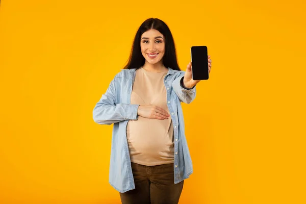 Cheerful Young Pregnant Lady Showing Cellphone Blank Empty Screen Smiling — Photo