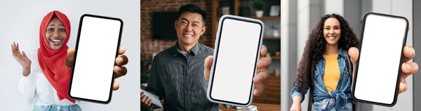 Online Ad. Diverse Multiethnic People Demonstrating Blank Smartphones In Hands, Smiling Multiethnic Man And Women Showing Empty Cellphones, Recommending Mobile App Or Website, Collage, Mockup