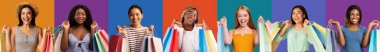 Smiling shocked black, european, asian ladies shopaholic in casual with packages enjoy shopping, dream of buy, isolated on colorful background, studio, panorama, close up. Huge sale, ad and offer