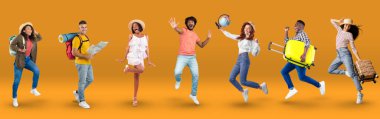 Diverse multiethnic people tourists jumping in the air, collage. Collection of emotional studio shots of happy young men and women travelers have vacation, orange background, panorama