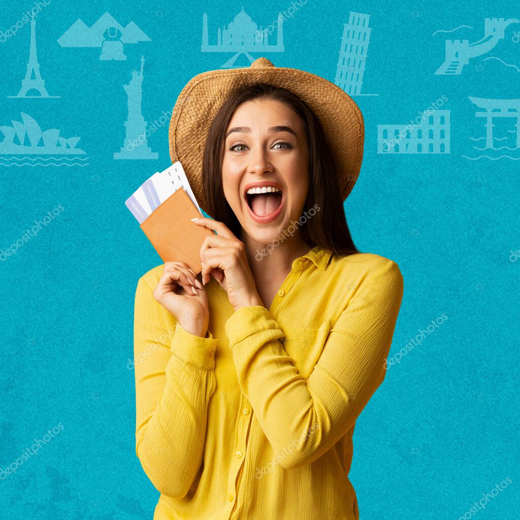 Glad excited young european woman tourist with open mouth holding tickets and passport for travel on blue background with abstract pictures, studio. Tourism, active lifestyle and dream of vacation