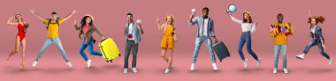 Happy bright stylish multiethnic young people men and women enjoying vacation, posing in swimsuits, with camera, luggage, passport, pink background, collage, web-banner for travelling concept