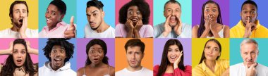 Diverse Multicultural People With Different Emotions Posing On Bright Backgrounds, Set Of Diverse Multiethnic Men And Women Face Expressions Over Colorful Backdrops, Creative Collage