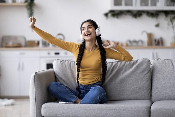 Portrait Cheerful Young Indian Woman Listening Music Wireless Headphones Home — Stock Photo, Image