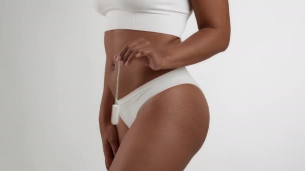 Secrets Female Hygiene Close Shot Unrecognizable Black Woman Underwear Holding — Stock video