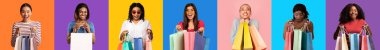 Happy excited shocked black, asian, european women shopaholic in casual with many packages enjoy shopping isolated on colorful background, studio, panorama. Reaction to sale, fashion, ad and offer